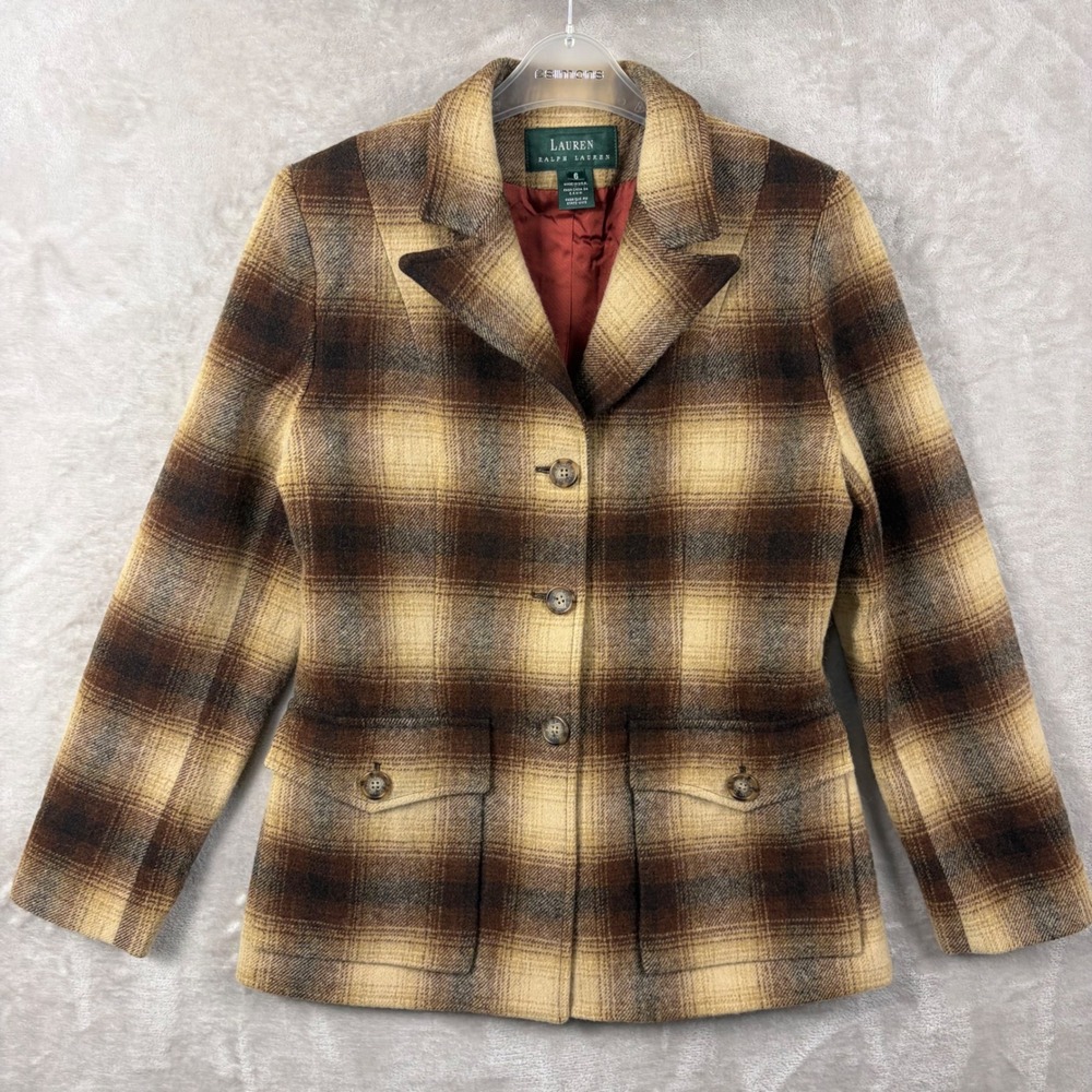 Lauren Ralph Lauren Brown Shadow Plaid Wool Blazer Jacket 6 Western Equestrian
